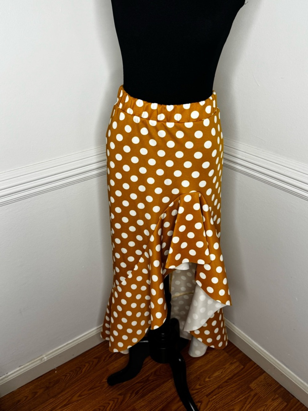 Cha Cha Cha! Polka Dot Ruffle Midi Skirt in Mustard